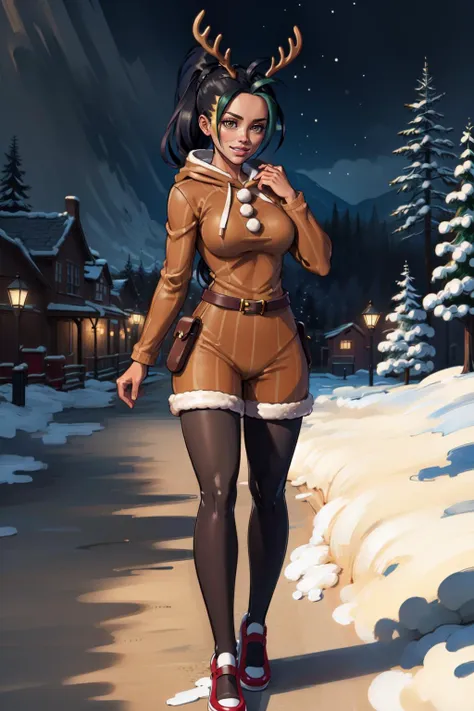 (masterpiece, best quality, high quality, highres:1.4), detailed, extremely detailed, perfect lighting, 4K, th3pit, 1girl, solo, full body, christmas theme,
nemona, dark skin, tan skin, black hair, ponytail, brown eyes, reindeer costume, hood up, antlers, red nose, slim waist, medium hips, medium breasts, white fluff, seductive smile,
<lora:GoodHands-vanilla:1> <lora:th3p1t_b:.3>  <lora:NemonaDef-10:.9> <lora:reindeer-outfit-richy-v1:1>