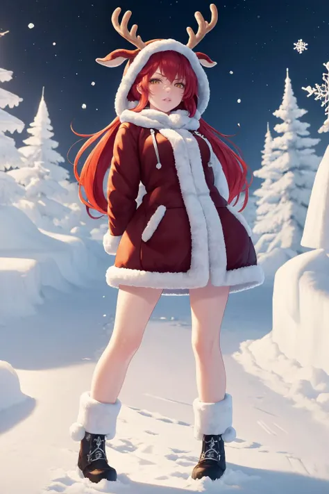 masterpiece, best quality, <lora:frosted-style-richy-v1:1> frostedstyle, <lora:reindeer-outfit-richy-v1:1> reindeeroutfit, reindeer antlers, 1girl, solo, standing, red hair, twintails, hood up, very long hair, hair scrunchie, dark, darkness, tundra, night sky, night, yellow eyes, ice, snow, long sleeves, parted lips, mature female, arms behind back, frosted, frozen, cold, ice, stare, blue tint