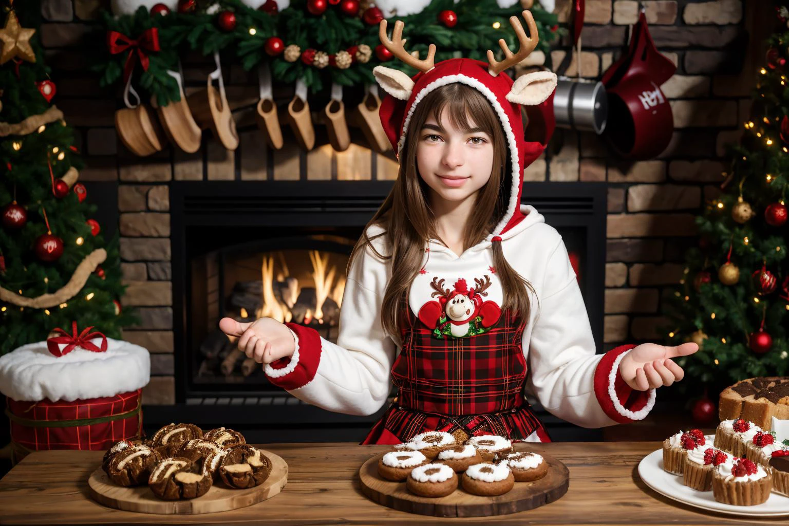 SFW, team red, Raging Reindeer, <lora:reindeer-outfit-richy-v1:1> reindeer costume, hood up, warm and inviting kitchens filled with the aroma of baked goods, generous and giving, DV_Tory_Vicious