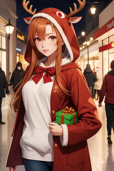 masterpiece, best quality, highres, absurdres, ultra detailed,
<lora:asuna:0.8>, asuna, asuna \(sao\), orange eyes, reindeer costume, hood up
walking, mall, christmas deco, ((carrying red gift box)), <lora:reindeer-outfit-richy-v1:1>