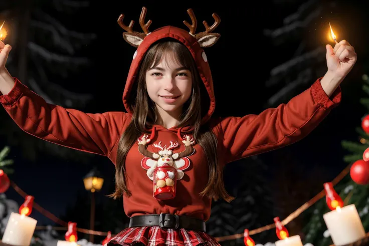 SFW, team red, Raging Reindeer, <lora:reindeer-outfit-richy-v1:1> reindeer costume, hood up, glowing lanterns and candles lighting up the darkness, enchanting and magical, DV_Tory_Vicious