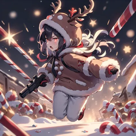 (red:1.2), 1girl, adult woman wearing a reindeer costume with the hood up, running through a christmas battlefield while carrying a gun made of candy, candy dagger, winter, tinsel, holly, candy canes, gingerbread, from the side, close up, motion blur, motion lines, shouting, anger,
<lora:reindeer-outfit-richy-v1:1.00>,
<lora:BetterGuns-V1:0.4>,
<lora:CandyMagic-22:0.6>, candymagic , vibrant , sugary aura, fantasy, hood up, glowing eyes, (assassin:1.2)
<lora:HolidayIdidalittlebit:0.8>,
holidayxl style,
