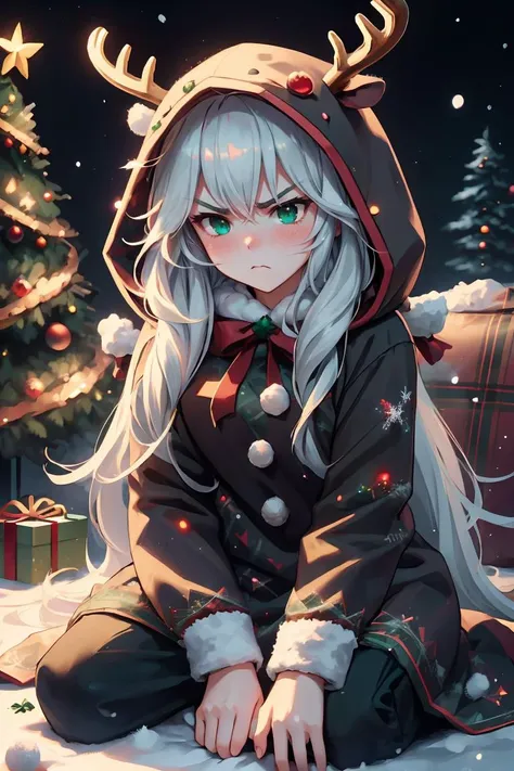 (masterpiece, best quality), 1woman, long hair,, cute face, blush, sfw, ((furious)), christmas tree, cozy home, snow outside <lora:reindeer-outfit-richy-v1:1> reindeer costume, hood up , <lora:aurora-style-richy-v1:1> aurorastyle