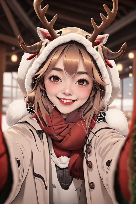 1girl,  (Style-GHL:0.5),  reindeer costume, hood up, <lora:reindeer-outfit-richy-v1:0.6>,  <lora:PovCheekWarmingMeme:0.8> IncrsChkWarmingMeme, pov, red scarf,  smile, blush