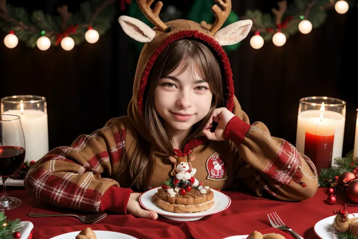 SFW, team red, Raging Reindeer, <lora:reindeer-outfit-richy-v1:1> reindeer costume, hood up, festive holiday table settings, peaceful and serene, DV_Tory_Vicious