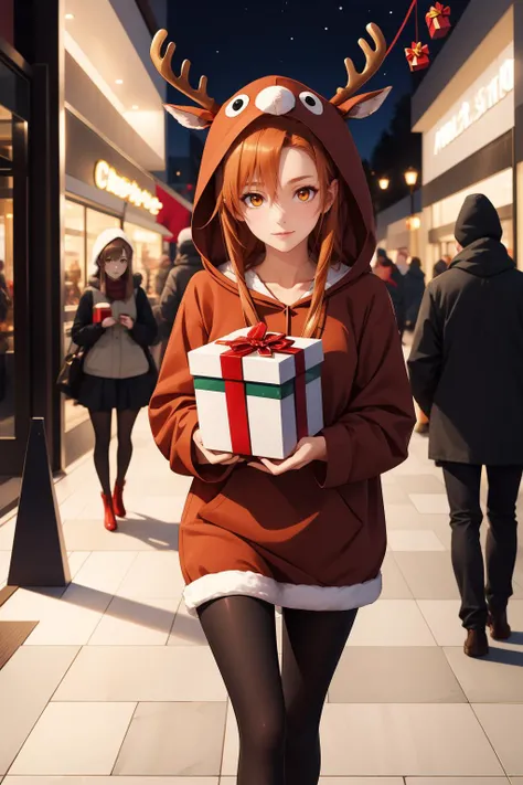 masterpiece, best quality, highres, absurdres, ultra detailed,
<lora:asuna:0.8>, asuna, asuna \(sao\), orange eyes, reindeer costume, hood up
walking, mall, christmas deco, reindeer, ((carrying red gift box)), <lora:reindeer-outfit-richy-v1:1>