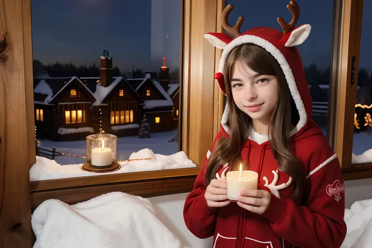 SFW, team red, Raging Reindeer, <lora:reindeer-outfit-richy-v1:1> reindeer costume, hood up, candle-lit windows on a snowy evening, nostalgic and reminiscent, DV_Tory_Vicious