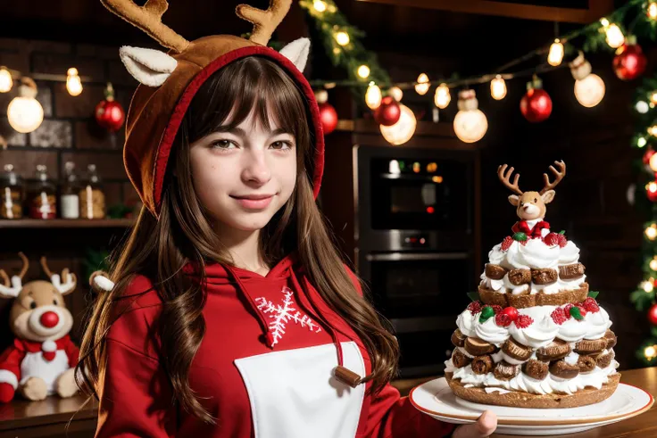 SFW, team red, Raging Reindeer, <lora:reindeer-outfit-richy-v1:1> reindeer costume, hood up, warm and inviting kitchens filled with the aroma of baked goods, generous and giving, DV_Tory_Vicious