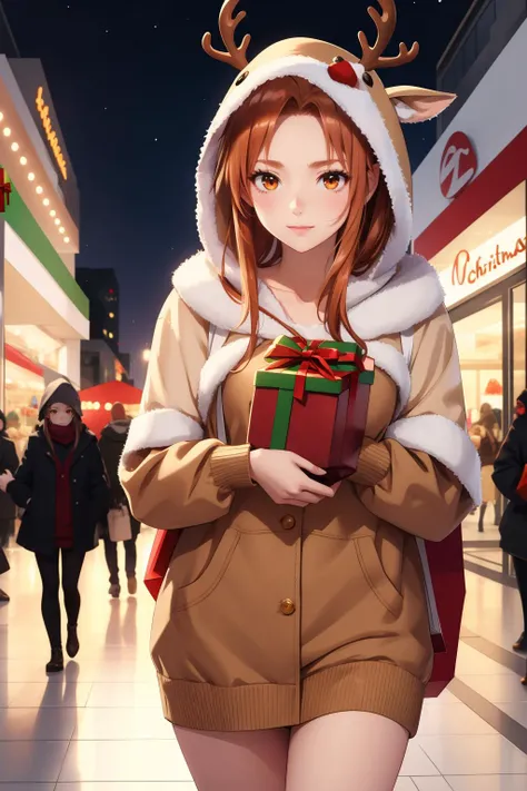 masterpiece, best quality, highres, absurdres, ultra detailed,
<lora:asuna:0.8>, asuna, asuna \(sao\), orange eyes, reindeer costume, hood up
walking, mall, christmas deco, ((carrying red gift box)), <lora:reindeer-outfit-richy-v1:1>