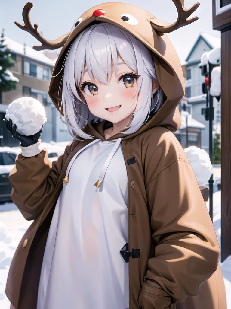1 , reindeer costume, hood up, smile, upper body, throw a snowball, gloves
<lora:reindeer-outfit-richy-v1:1>