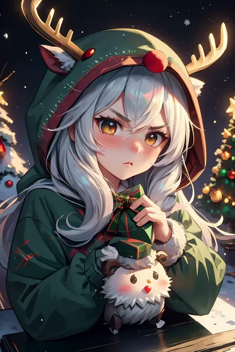 (masterpiece, best quality), 1woman, long hair,, cute face, blush, sfw, ((furious)), christmas tree, cozy home, snow outside <lora:reindeer-outfit-richy-v1:1> reindeer costume, hood up , <lora:aurora-style-richy-v1:1> aurorastyle