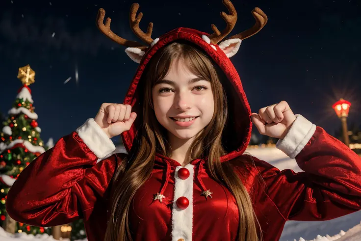 SFW, team red, Raging Reindeer, <lora:reindeer-outfit-richy-v1:1> reindeer costume, hood up, warm and inviting kitchens filled with the aroma of baked goods, generous and giving, DV_Tory_Vicious