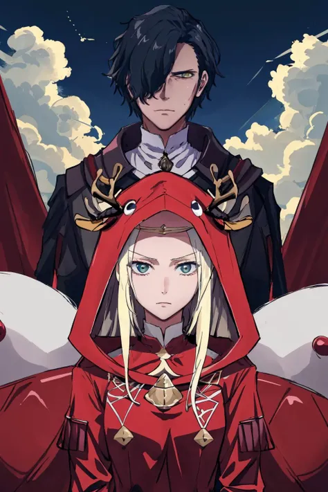 masterpiece, sky, cloud, 1boy, looking at viewer, furrowed brow, <lora:HubertFE3H-bsinky-v1:0.9> defHubert, hair over one eye, <lora:reindeer-outfit-richy-v1:1.0> reindeer costume, hood up, 1girl, edelgard von hresvelg