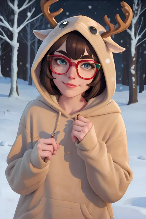 <lora:bzl:0.8>, <lora:reindeercostume-richyrich:0.8>, bzl_test wearing reindeer costume, hood up, bell, glasses, (grey|blue) eyes, curly brown bob haircut, closed smile, (freckles:0.4), snow, winter || cozy hoodie, winter, masterpiece, 8k, high resolution, shallow depth of field, sharp focus