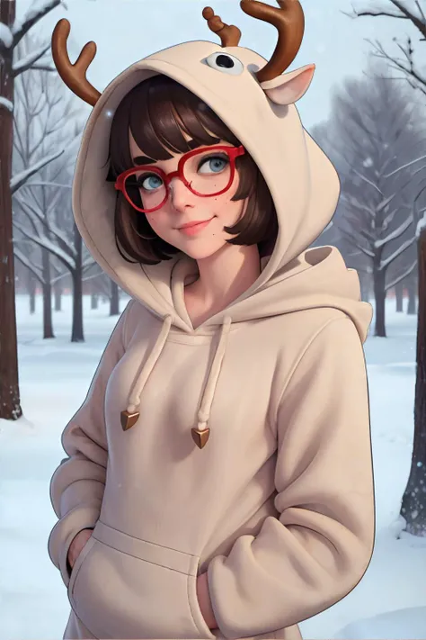 <lora:bzl:0.8>, <lora:reindeercostume-richyrich:0.8>, bzl_test wearing reindeer costume, hood up, bell, glasses, (grey|blue) eyes, curly brown bob haircut, closed smile, (freckles:0.4), snow, winter || cozy hoodie, winter, masterpiece, 8k, high resolution, shallow depth of field, sharp focus