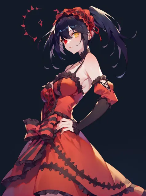 18 year old beautiful girl, masterpiece, top quality, 8K anime, 1 girl, detailed fingers, precise fingers, not unnatural hands, odd eyes, black hair twin tails, kurumi tokizaki, large breasts,