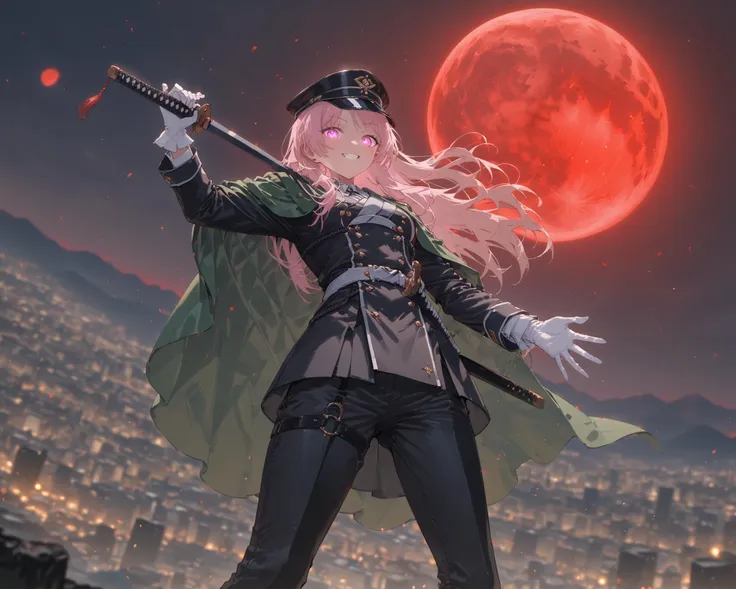 masterpiece, best quality, absurdres, very authentic, full body, 1girl, from below, chihaya anon, military hat, white gloves, holding straight katana over shoulder, outstretched arm, kuji-in, green cloak, black military uniform, (pants:1.1), boots, floating, looking down, perspective, red moon, night, filmic, cinematic illustration, dynamic pose, legs apart, floating hair, grin, glowing eyes, looking at viewer, cityscape, blurry background, <lora:bangbangv1.1:0.4>, <lora:XL_Weapon_Katana_-_By_HailoKnight:0.6>, <lora:xl:0.8>,