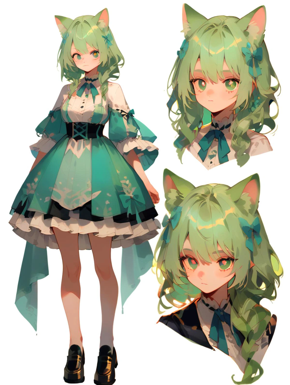 score_9,score_8_up,score_7_up,(full body, front:1.1),upper body,multiple_views,CharacterDesignXL,multiple views,(CharacterSheet:1),<lora:XLPCharacterDesign_Concept-10V2:0.7>,simple white background,simple background,white background,catgirll,light green hair,white and green ta_skirt,sparkling eyes,white stokings,black_loafers,<lora:xl_more_art-full_v1:1>,<lora:SDXL_Dices_Mega_Detail_v1:0.8>,<lora:v5_1:0.8>,<lora:MakainoRirimuXL-19:0.8>,