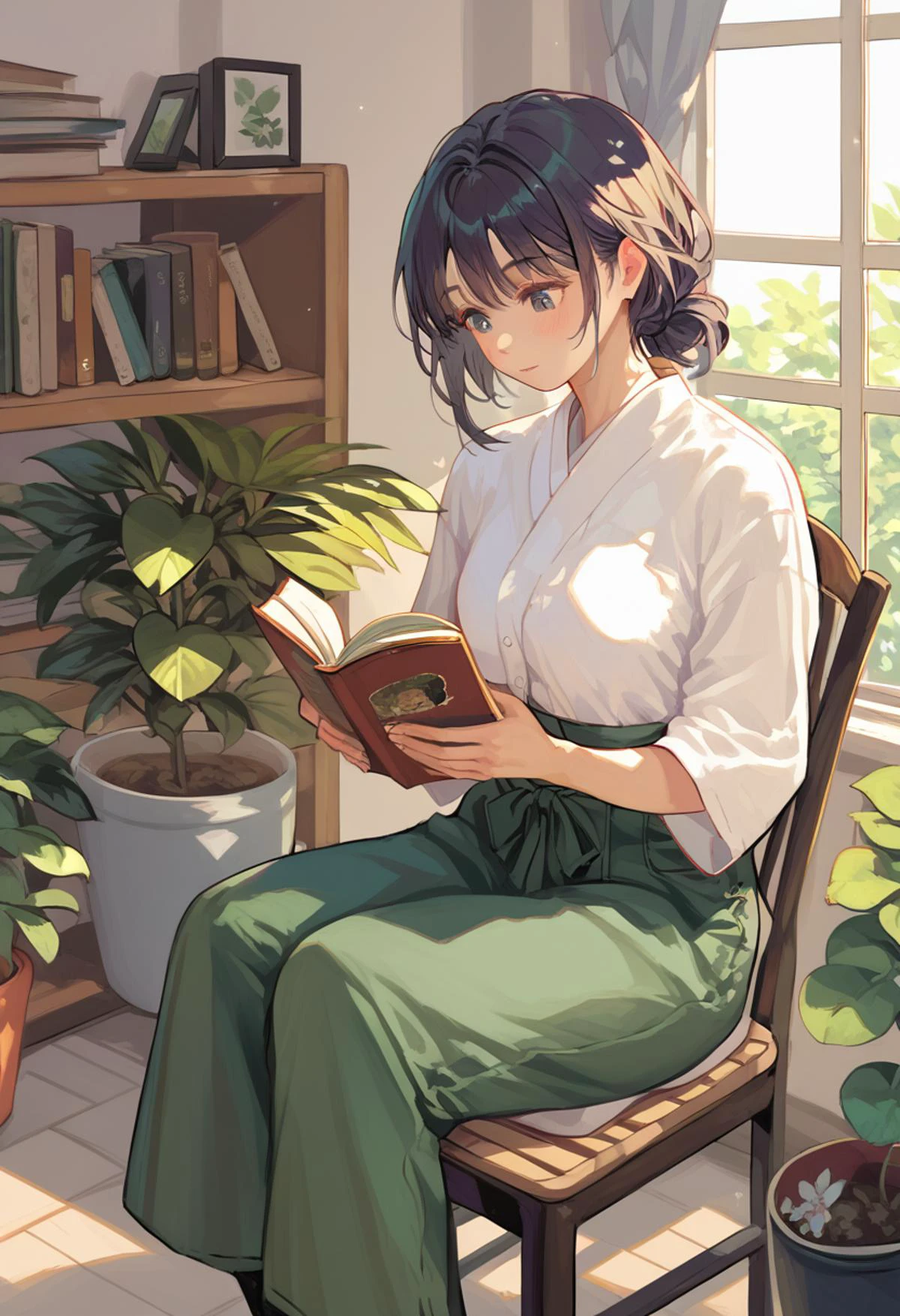 score_9,score_8_up,score_7_up,1girl,solo,black long hair,short hair,reading,sitting,casual,indoors,cozy room,green pants,white shirt,wicker chair,bookshelf,plants,books,fan,window,sunlight,relaxed,modern,detailed background,japanese style,æ´ä½ç»èOverallDetailXL,<lora:SDXLæå
¶è¯¦ç»Lora:1>,<lora:PonyXL_åç§èºæ¯å®¶loar-v2:0.5>,<lora:pony-s0mäºç»´åæç人ç©Lora:0.5>,<lora:pony-ç»è
»ç卿¼«(Sh1r3n1.2)飿 ¼-Lora:0.5>,<lora:pony-äºç»´é«äº®è¤è²é£æ ¼-Lora:0.5>,