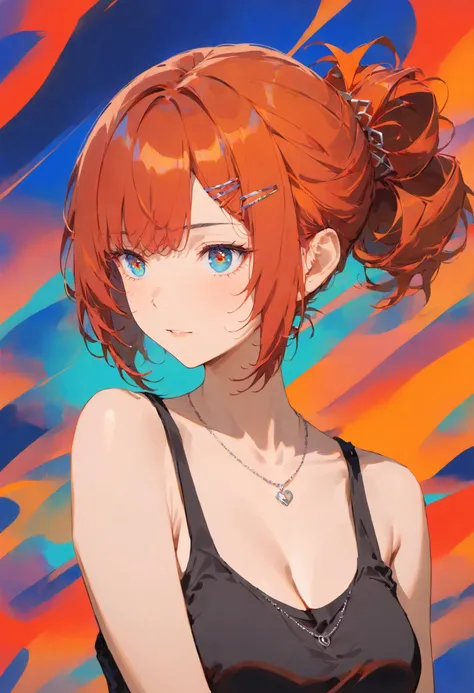 1girl,solo,mature,intense crimson hair,short hair,orange hair tips,tied up hair,bangs,hair clip,hair ornament,beautiful eyes,detailed eyes, blue marine eyes,bare shoulders,collarbone,tank top,necklace,upper body,abstract background,warm colors,masterpiece,best quality,absurdes, <lora:xl:0.8>, <lora:add-detail-xl:1>