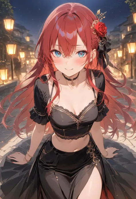 1girl,solo,intense crimson hair,long hair,bangs,hair between eyes,beautiful eyes,detailed eyes,blue marine eyes,eye makeup,blush,rose hair ornament,formal outfit,black dress,open dress,small breasts,gold lining,choker,jewelry,bracelet,midriff,collarbone,looking at viewer,smile expression,lighting,night,outdoors,warm colors,masterpiece,best quality,absurdes, <lora:xl:0.8>