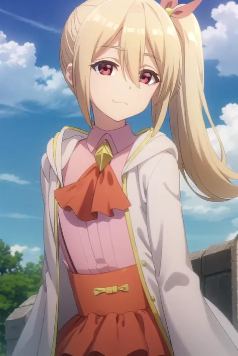 bofurifrederica, <lora:bofuri frederica s2-lora-nochekaiser:1>,
frederica, long hair, bangs, blonde hair, (red eyes:1.3), bow, hair between eyes, hair bow, ponytail, side ponytail, smile,
BREAK skirt, long sleeves, dress, jacket, open clothes, wide sleeves, coat, ascot, white jacket,
BREAK outdoors, forest, nature, sky, sun, clouds,
BREAK looking at viewer,
BREAK <lyco:GoodHands-beta2:1>, (masterpiece:1.2), best quality, high resolution, unity 8k wallpaper, (illustration:0.8), (beautiful detailed eyes:1.6), extremely detailed face, perfect lighting, extremely detailed CG, (perfect hands, perfect anatomy),