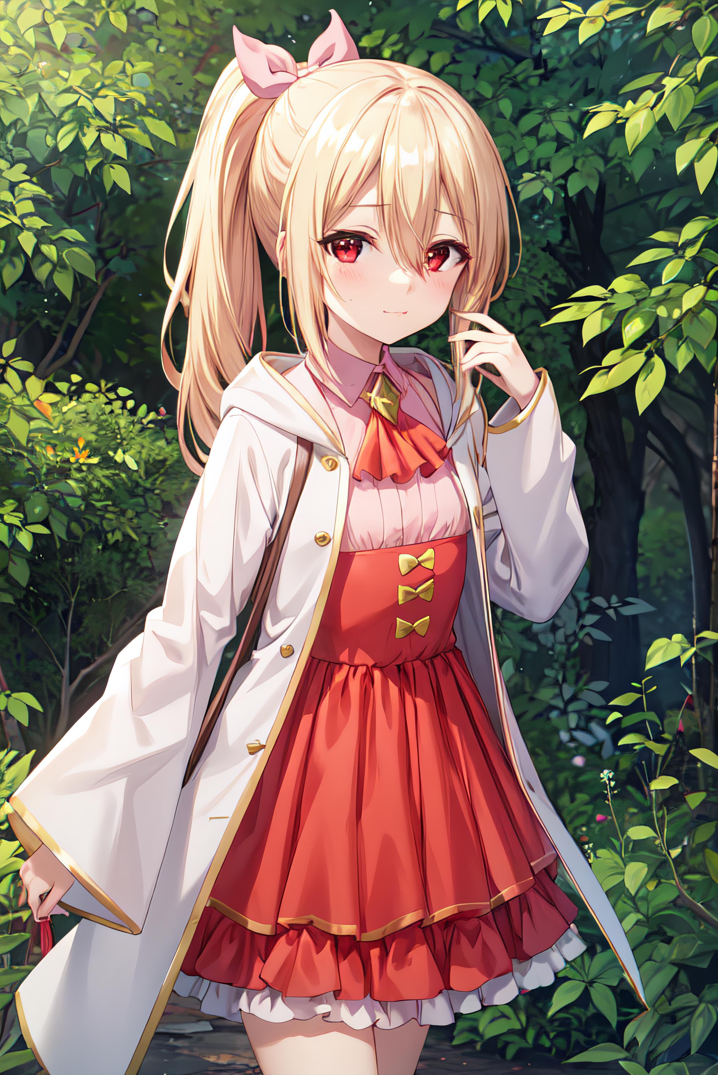 Anime girl in red dress and white coat walking through a forest - SeaArt AI
