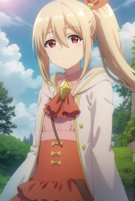 bofurifrederica, <lora:bofuri frederica s2-lora-nochekaiser:1>,
frederica, long hair, bangs, blonde hair, (red eyes:1.3), bow, hair between eyes, hair bow, ponytail, side ponytail, smile,
BREAK skirt, long sleeves, dress, jacket, open clothes, wide sleeves, coat, ascot, white jacket,
BREAK outdoors, forest, nature, sky, sun, clouds,
BREAK looking at viewer,
BREAK <lyco:GoodHands-beta2:1>, (masterpiece:1.2), best quality, high resolution, unity 8k wallpaper, (illustration:0.8), (beautiful detailed eyes:1.6), extremely detailed face, perfect lighting, extremely detailed CG, (perfect hands, perfect anatomy),