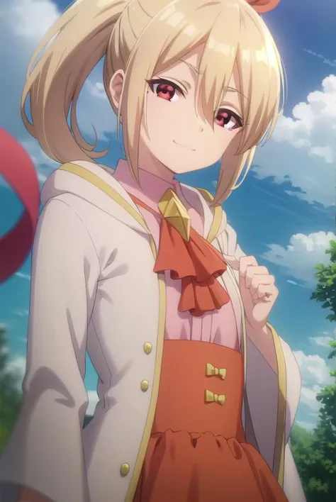 bofurifrederica, <lora:bofuri frederica s2-lora-nochekaiser:1>,
frederica, long hair, bangs, blonde hair, (red eyes:1.3), bow, hair between eyes, hair bow, ponytail, side ponytail, smile,
BREAK skirt, long sleeves, dress, jacket, open clothes, wide sleeves, coat, ascot, white jacket,
BREAK outdoors, forest, nature, sky, sun, clouds,
BREAK looking at viewer,
BREAK <lyco:GoodHands-beta2:1>, (masterpiece:1.2), best quality, high resolution, unity 8k wallpaper, (illustration:0.8), (beautiful detailed eyes:1.6), extremely detailed face, perfect lighting, extremely detailed CG, (perfect hands, perfect anatomy),