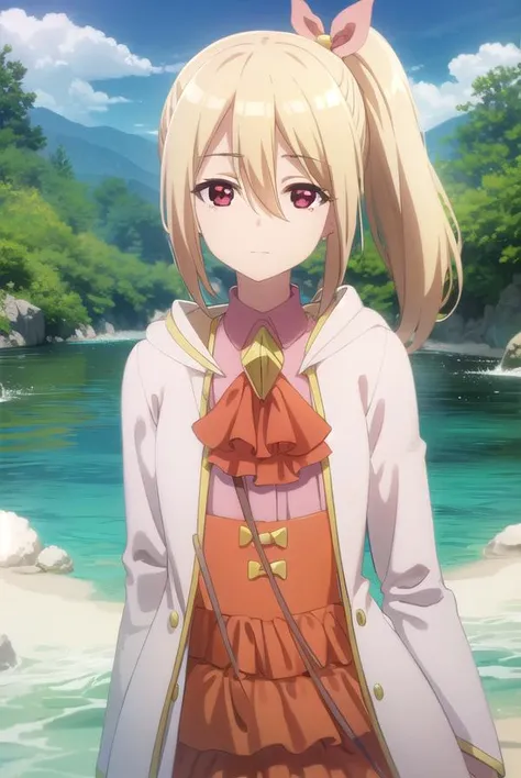 bofurifrederica, <lora:bofuri frederica s2-lora-nochekaiser:1>,
frederica, long hair, bangs, blonde hair, (red eyes:1.3), bow, hair between eyes, hair bow, ponytail, side ponytail, smile,
BREAK skirt, long sleeves, dress, jacket, open clothes, wide sleeves, coat, ascot, white jacket,
BREAK outdoors, forest, nature, sky, sun, clouds,
BREAK looking at viewer,
BREAK <lyco:GoodHands-beta2:1>, (masterpiece:1.2), best quality, high resolution, unity 8k wallpaper, (illustration:0.8), (beautiful detailed eyes:1.6), extremely detailed face, perfect lighting, extremely detailed CG, (perfect hands, perfect anatomy),