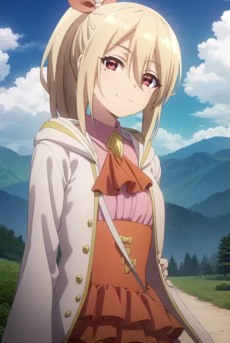 bofurifrederica, <lora:bofuri frederica s2-lora-nochekaiser:1>,
frederica, long hair, bangs, blonde hair, (red eyes:1.3), bow, hair between eyes, hair bow, ponytail, side ponytail, smile,
BREAK skirt, long sleeves, dress, jacket, open clothes, wide sleeves, coat, ascot, white jacket,
BREAK outdoors, forest, nature, sky, sun, clouds,
BREAK looking at viewer,
BREAK <lyco:GoodHands-beta2:1>, (masterpiece:1.2), best quality, high resolution, unity 8k wallpaper, (illustration:0.8), (beautiful detailed eyes:1.6), extremely detailed face, perfect lighting, extremely detailed CG, (perfect hands, perfect anatomy),