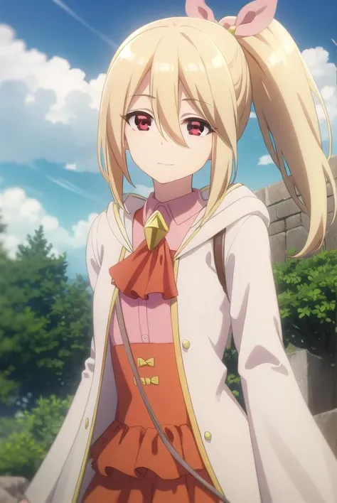 bofurifrederica, <lora:bofuri frederica s2-lora-nochekaiser:1>,
frederica, long hair, bangs, blonde hair, (red eyes:1.3), bow, hair between eyes, hair bow, ponytail, side ponytail, smile,
BREAK skirt, long sleeves, dress, jacket, open clothes, wide sleeves, coat, ascot, white jacket,
BREAK outdoors, forest, nature, sky, sun, clouds,
BREAK looking at viewer,
BREAK <lyco:GoodHands-beta2:1>, (masterpiece:1.2), best quality, high resolution, unity 8k wallpaper, (illustration:0.8), (beautiful detailed eyes:1.6), extremely detailed face, perfect lighting, extremely detailed CG, (perfect hands, perfect anatomy),