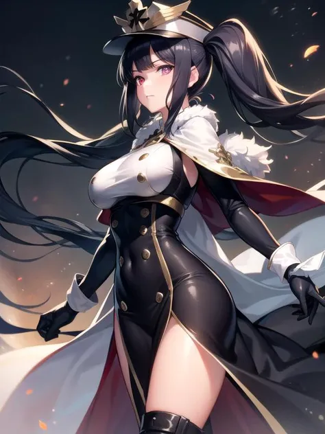 (hyper extreme detailed),(masterpeace),(hyper extreme),(photorealistic),CG,(colour:1.2), beautiful lighting,light from the front, solo, <lora:Peter_Strasser:1>,Peter_Strasser,black hair,twintails,res eyes,black dress,boots,peaked_cap,white_gloves,double-breasted,long dress, long skirt,