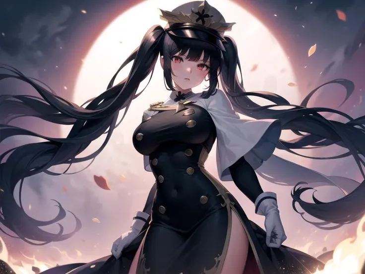 (hyper extreme detailed),(masterpeace),(hyper extreme),(photorealistic),CG,(colour:1.2), beautiful lighting,light from the front, solo, <lora:Peter_Strasser:1>,Peter_Strasser,black hair,twintails,res eyes,black dress,boots,peaked_cap,white_gloves,double-breasted,long dress,long skirt,