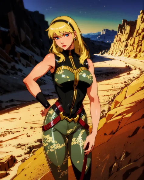 (desert village, gorgeous view)
(full body shot), POV, looking at you, sfw, (masterpiece), (best quality:1.0), (ultra highres:1.0), detailed eyes, detailed clothing texture, beautiful face, 1girl, Wondergirl posing, (advanced ballistics vest), camo pants, (blonde hair), headband, (lasso on hip), harness
<lora:Wondergirl_YJ:0.5>, <lora:xeno saitou masatsugu:0.6>