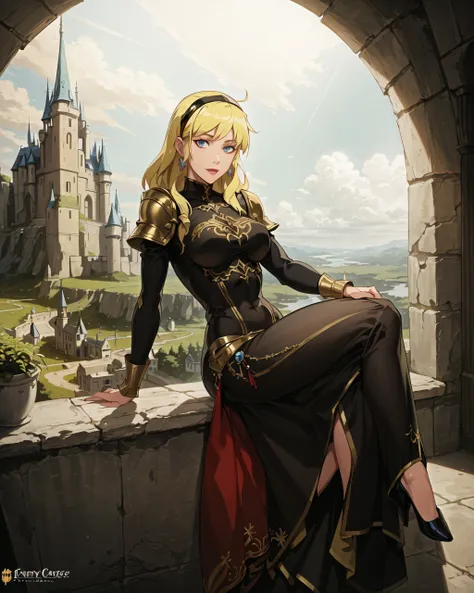 (fantasy castle, gorgeous view)
(full body shot), POV, looking at you, sfw,  (masterpiece), (best quality:1.0), (ultra highres:1.0), detailed eyes, detailed clothing texture, beautiful face), fantasy medieval armor, (blonde hair), metal headband
<lora:Wondergirl_YJ:0.5>, <lora:ff14 mogi yuusuke:0.6>