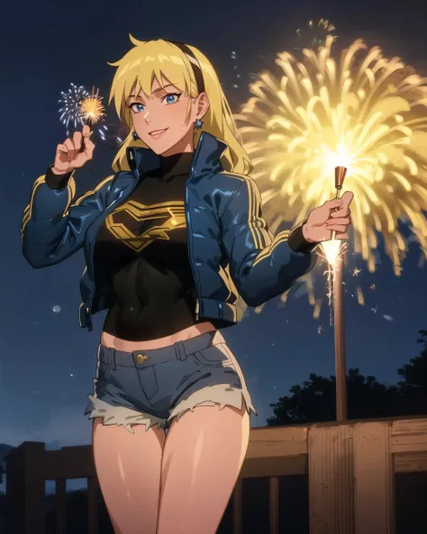 (fireworks, gorgeous view) mamimi style
POV, looking at you, sfw,  (masterpiece), (best quality:1.0), (ultra highres:1.0), detailed eyes, detailed clothing texture, beautiful face, 1girl, Wondergirl waving sparklers, mid-jump, smiling, (puffy jacket, black under-shirt),  jean shorts
<lora:Wondergirl_YJ:0.6>, <lora:chainsaw man mamimi:0.6>