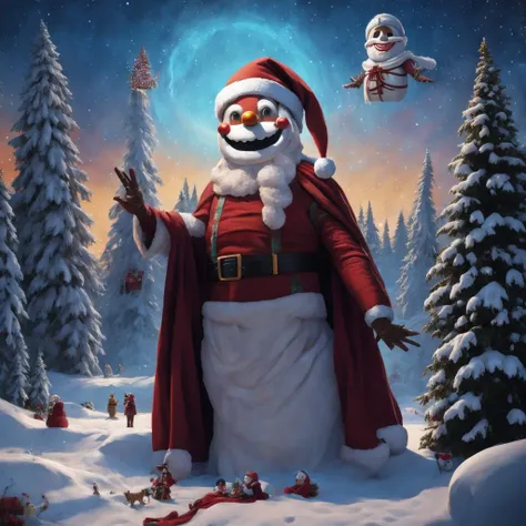 A joyful festive magical enchanting heartwarming delightful charming Santa Claus mummy holiday's, winter wonderland, Yuletide, Artistic art, Seasonal, panorama of a cheery landscape made of joy and friendly faces with smiles and holiday spirit and festivity with a snowy and sparkling sky with a giant smiling snowman in the distance, Festive, traditional art, 4K, HD, Holiday art, Trending on Artstation
<lora:Menace_of_the_Mummy:1>