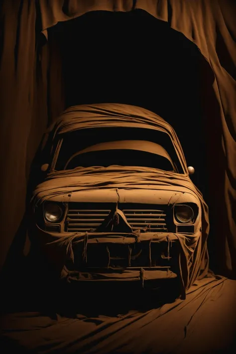 In a ((cartoon)) artwork, a (car) stands transformed into a haunting mummy with the traditional wrappings.Textured, tattered bandages.The (car's) presence exudes a sinister charm, a testament to the artistry of (cartoon) mummification. <lora:Menace_of_the_Mummy:0.8>