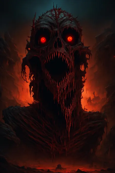 a horrifying terrifying mysterious ominous creepy scary dark mummy, sci - fi, Fantasy, Abstract art, Surrealism, Horror, panorama of a body horror landscape made of blood red flesh and monster faces with eyes and teeth and bones with a yellow and black sky with a massive yellow eye in the distance, Lovecraftian, traditional art, 4 k, HD, Concept art, Digital art, Trending on Artstation, <lora:Menace_of_the_Mummy:0.8>