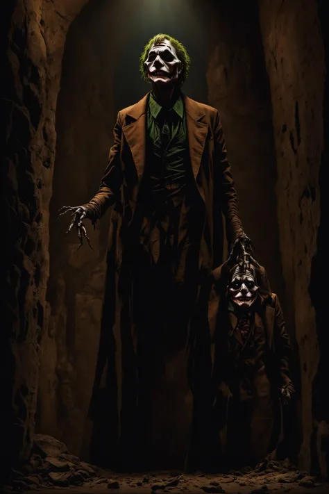 In a (cartoon) artwork, a (Joker) stands transformed into a haunting mummy with the traditional wrappings. Textured, tattered bandages enshroud its body, lending an aged, desiccated appearance. The (joker's) skin, now pale and lifeless, bears the marks of time, with ashen hues and faint weathering effects. Shadows deepen around its eye sockets, creating an eerie, sunken look. A sepia-toned aura surrounds the (joker), evoking an ancient, foreboding atmosphere. The (joker's) presence exudes a sinister charm, a testament to the artistry of digital mummification. <lora:Menace_of_the_Mummy:0.85>