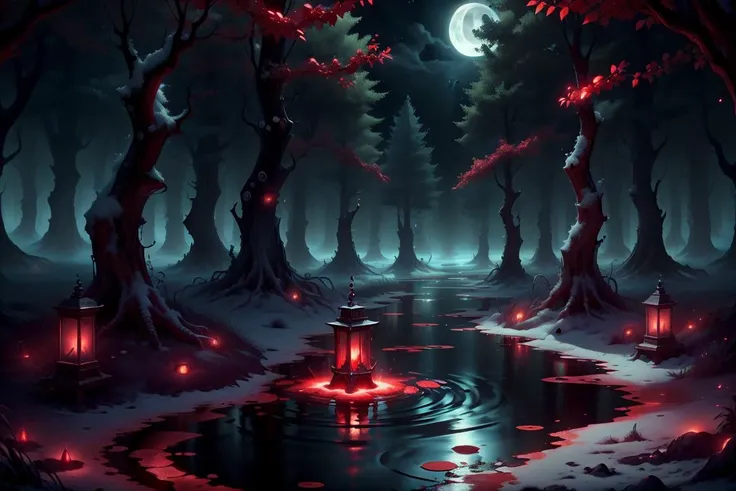 (moonlight:1.2), night ,  forest , lake,  ripples,   ,  <lora:SaltTech-20:0.6> salttech, inner glow, glowing, scifi,    <lora:BloodMagic-20:0.6> bloodmagic, magical energy, blood, red hues,