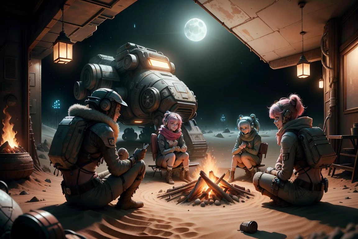 (Nomad:1.2) , , sandy environment , having fun , <lora:OxideTech-20:0.7> <lora:SaltTech-20:0.4> oxidetech, rusty steel, (scifi:1.2), salttech, inner glow, glowing, audience around a campfire , wide desert , dunes , windmills, smile , solo focus, scarf, camp, bob cut, punk, pink hair, 3girls, night time, campfire, party , ,moonlight,