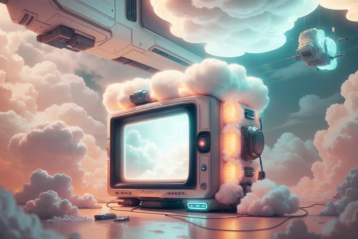 scifi retro television made of cotton, soft colors, (made from clouds), cloudtech, fluffy clouds and tech, (cotton puff), scifi lightning lights, wind, inner glow, glowing, scifi <lora:PlushTech:0.7> plushtech <lora:Pyramid lora_Ghibli_n3_0.7+Pyramid lora_Ghibli_v2_0.3:0.3> <lora:SaltTech:0.2> salttech, <lora:NeoFuturisticTech:0.3> neotech