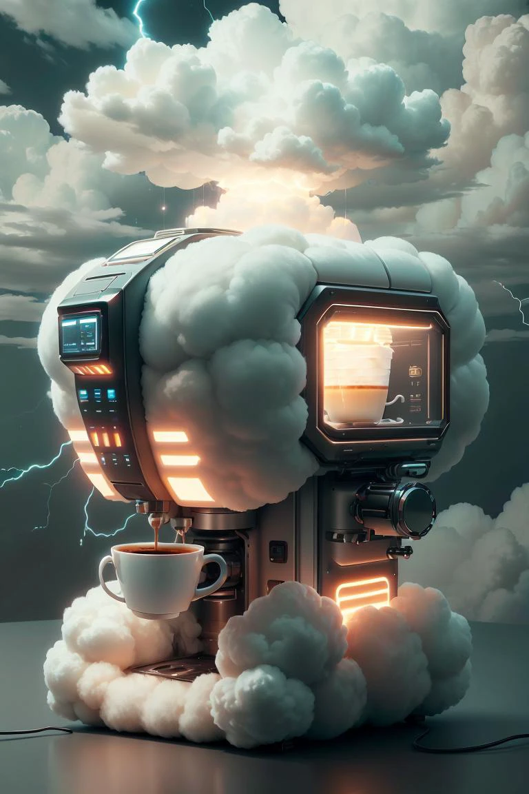 scifi coffee machine made of cotton, (made from clouds), cloudtech, fluffy clouds and tech, (cotton puff), scifi lightning lights, wind, inner glow, glowing, scifi <lora:PlushTech:0.7> plushtech <lora:Pyramid lora_Ghibli_n3_0.7+Pyramid lora_Ghibli_v2_0.3:0.3> <lora:SaltTech:0.2> salttech, <lora:NeoFuturisticTech:0.3> neotech