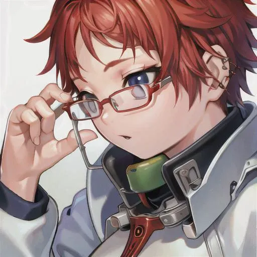 short hair, red hair, (blue eyes), female, <lora:rangeMurataMurataRenji_v10:1>, glasses, (piercing)