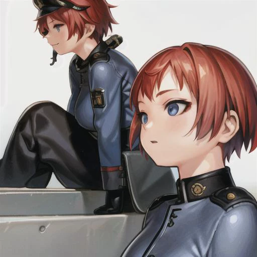 short hair, red hair, (blue eyes), female, <lora:rangeMurataMurataRenji_v10:1>, military uniform
