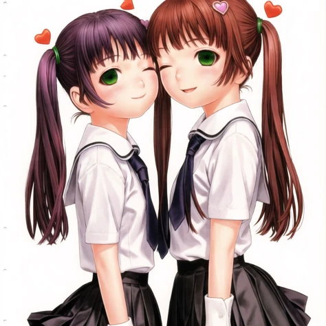 <lora:range_murata2:1>, murata renji, range murata,
2girls, :d, black gloves, blush, breasts, brown hair, gloves, green eyes, hair ornament, hairclip, heart, heart hands, heart hands duo, highres, long hair, looking at viewer, multiple girls, necktie, one eye closed, open mouth, purple hair, red eyes, same height, school uniform, simple background, skirt, smile, twintails, white background