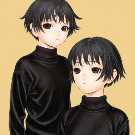 <lora:range_murata2:1>, murata renji, range murata,
masterpiece, best quality, 1girl, solo, black eyes, black hair, black sweater, bob cut, closed mouth, medium hair, simple background