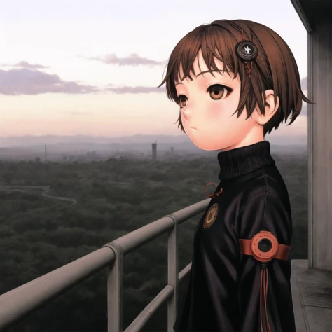 <lora:range_murata2:1>, murata renji, range murata,
1girl, asymmetrical bangs, bangs, black shirt, brown eyes, brown hair, building, closed mouth, english commentary, expressionless, hair ornament, io \(onisarashi\), long sleeves, looking at viewer, night, photo background, power lines, shirt, short hair, single sidelock, skyscraper, solo, sweater, upper body, x hair ornament,
serial experiments lain, iwakura lain